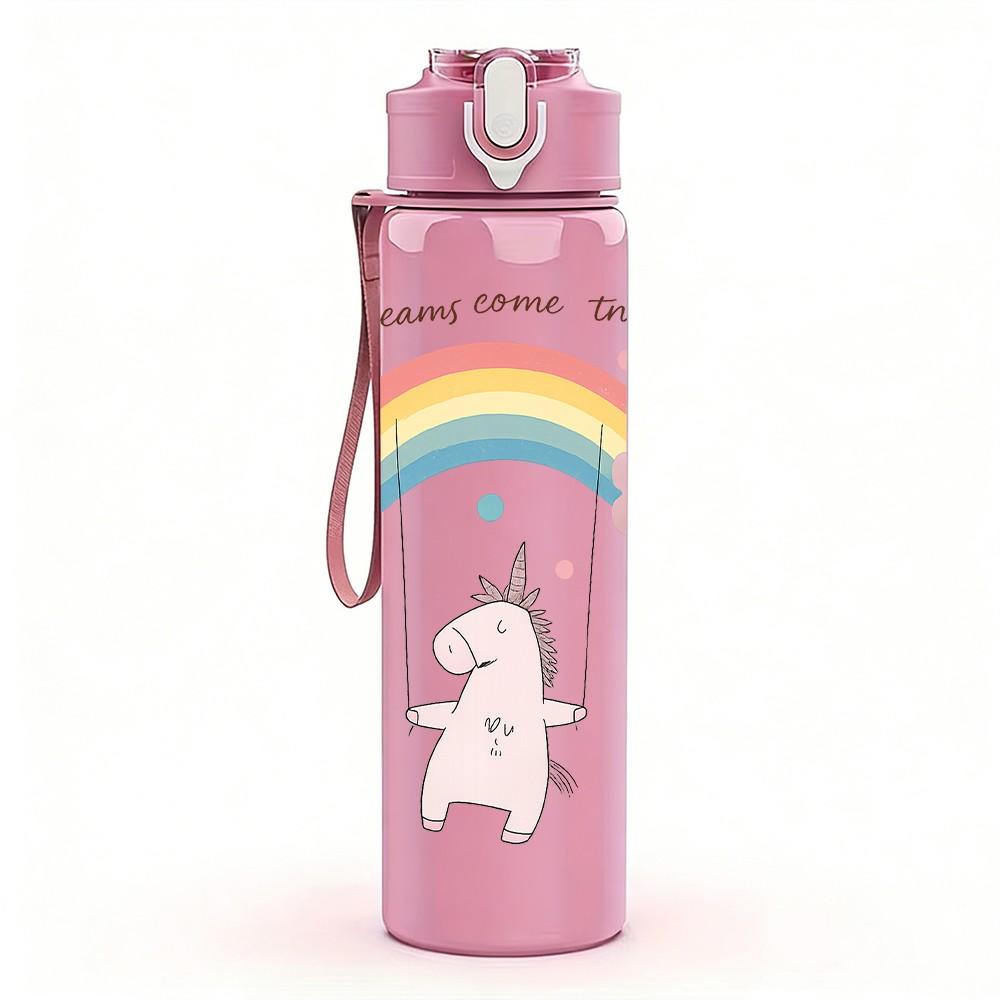 1PC Pastel Rainbow Unicorn Cloud 750ml Color Plastic Sports Water Bottle Leakproof Flip Straw Lid Suitable for Sports Office Home Use