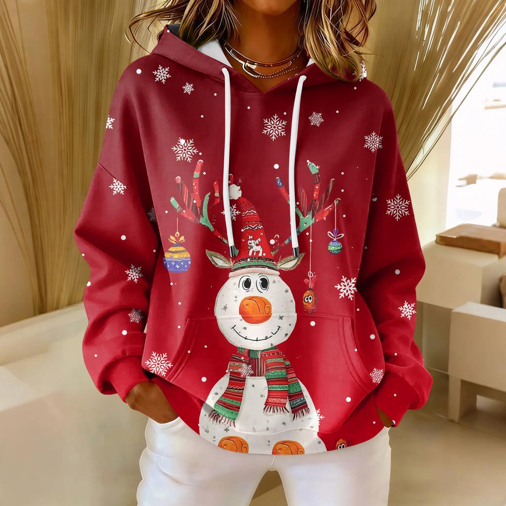 Women's Loose Comfortable Casual Fashion V-Neck Christmas Print Long Sleeve Hoodie