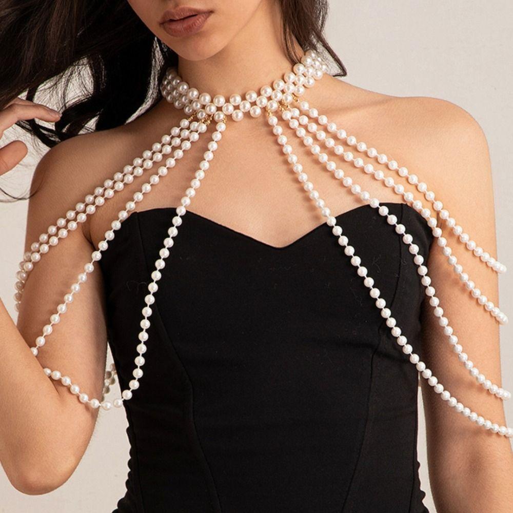 Collar Shoulder Body Chain Imitation Pearl Sweater Long Chain Big Necklaces Shawl  Women Sexy
