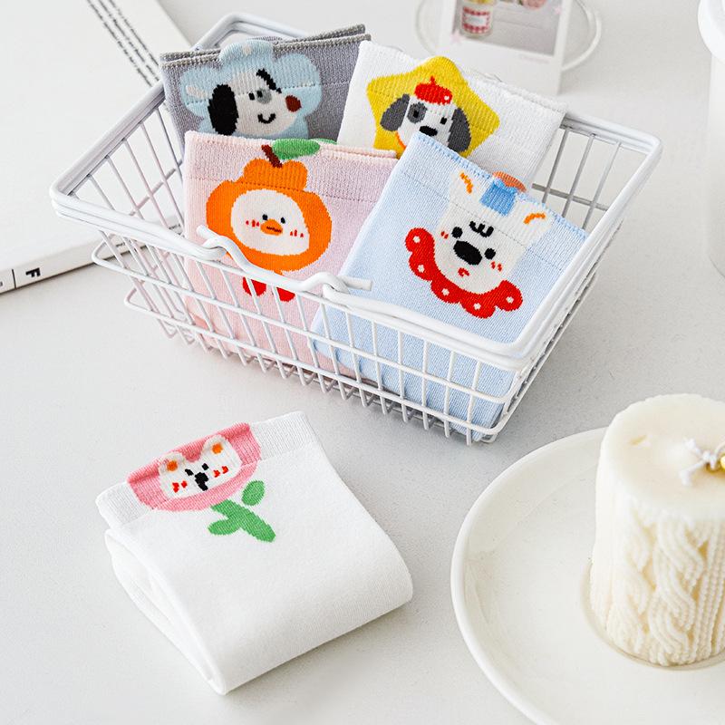 5 Pairs of Female Spring and Summer Cute All Match Cartoon Animal Tube Socks