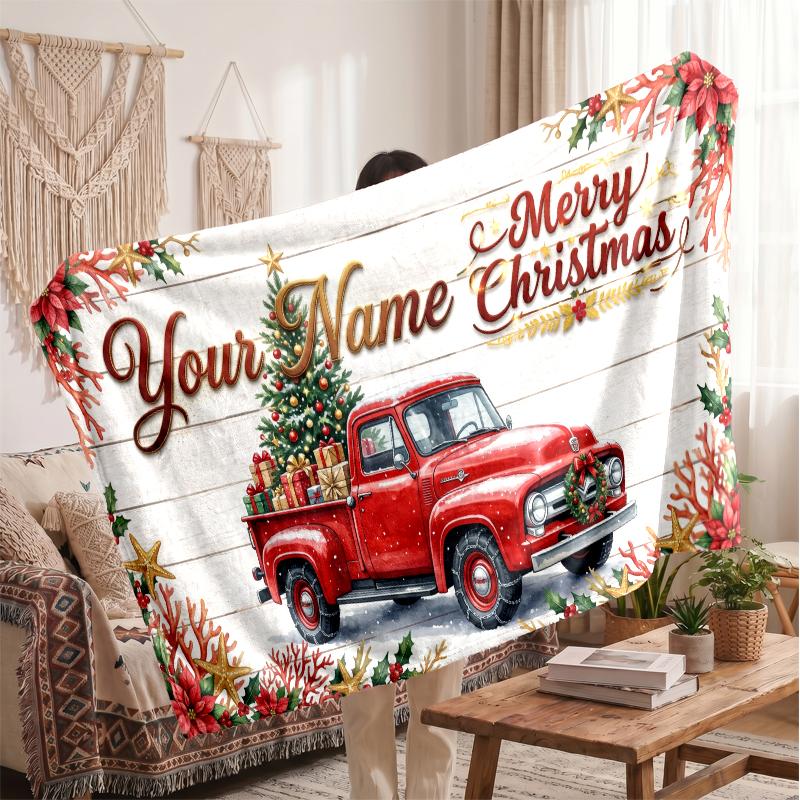 Christmas Custom Name Printed Flannel Blanket Warm Comfort Bed Throw Home Decor Holiday Gift