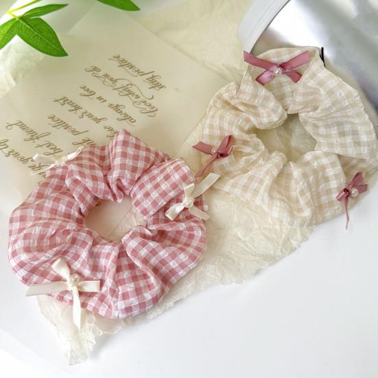 Plaid Hair Scrunchies No Crease Frizz Control Faux Pearl Bow Hair Ties No Damage Rubber Band Ponytail Holder Women Girls Hair Accessories