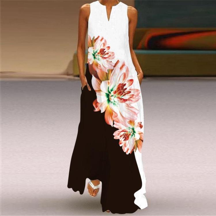 2023 Summer Women Sexy V Neck Retro Print Long Dress Sleeveless Beach Vacation Casual Fashion Clothing
