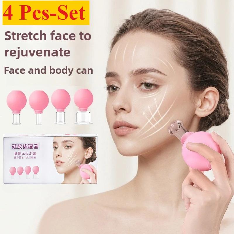 New 4Pcs/set Health Massage Vacuum Cupping Cups Rubber Head Glass Anti Cellulite Massage Chinese Therapy Face Cupping Set Cans