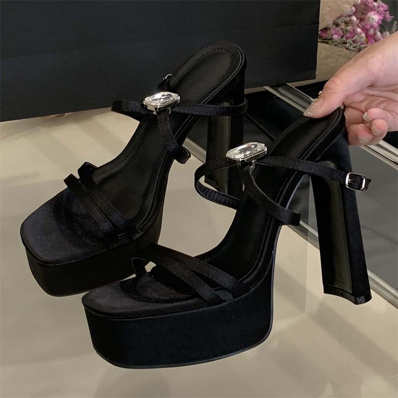 Eilyken Chunky Platform Narrow Band Buckle Strap Women Sandals Summer Crystal Open Toe High Heels Nightclub Shoes