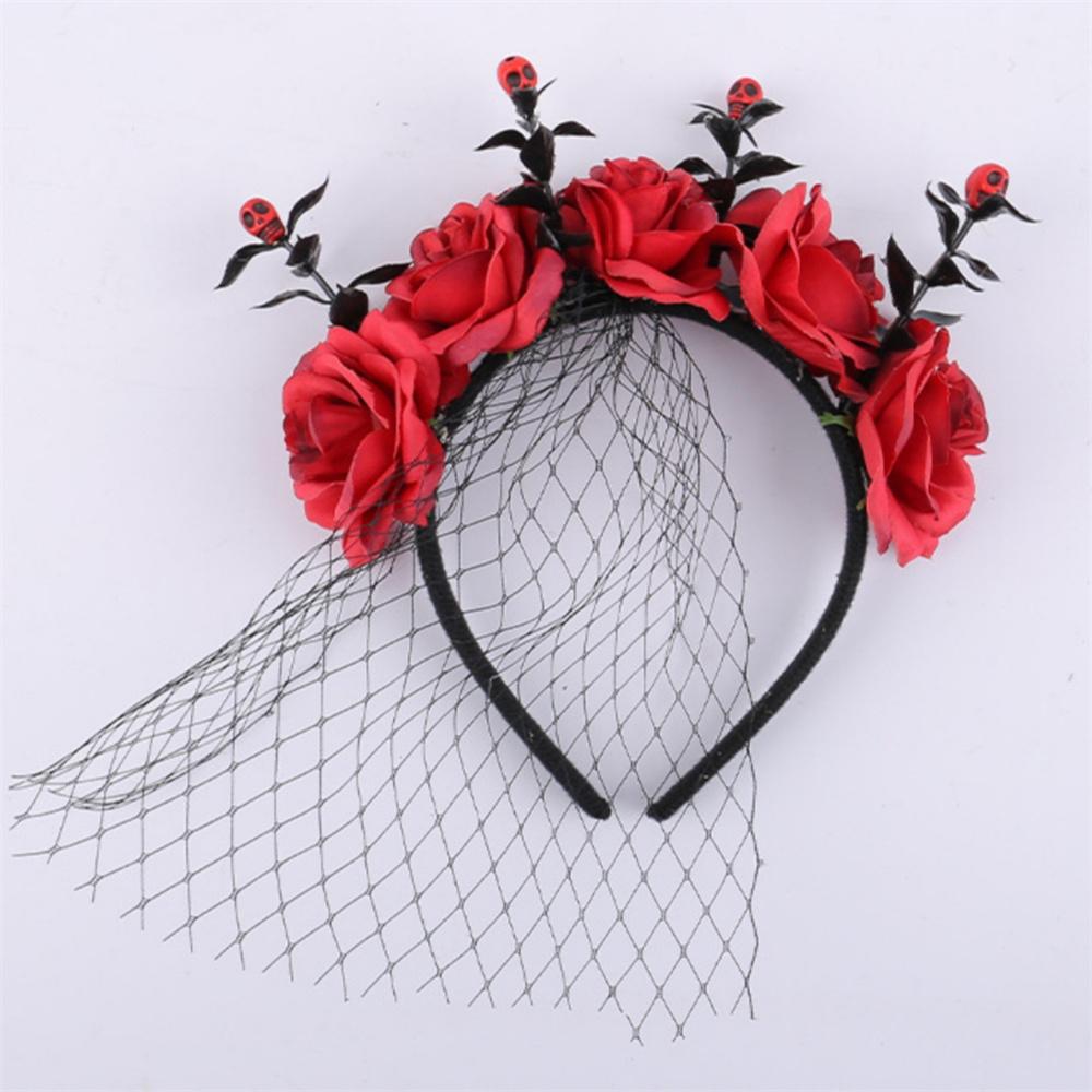 New Halloween Rose Flower Hair Band Hair Hoop Skull Crown Headband with Black Veil Costume Party Performance Cosplay Headwear
