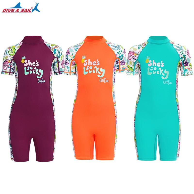 Children's Swimsuit Girl Middle Small Children One-piece Short-sleeved Box-suit Baby Sunscreen Quick-drying Hot