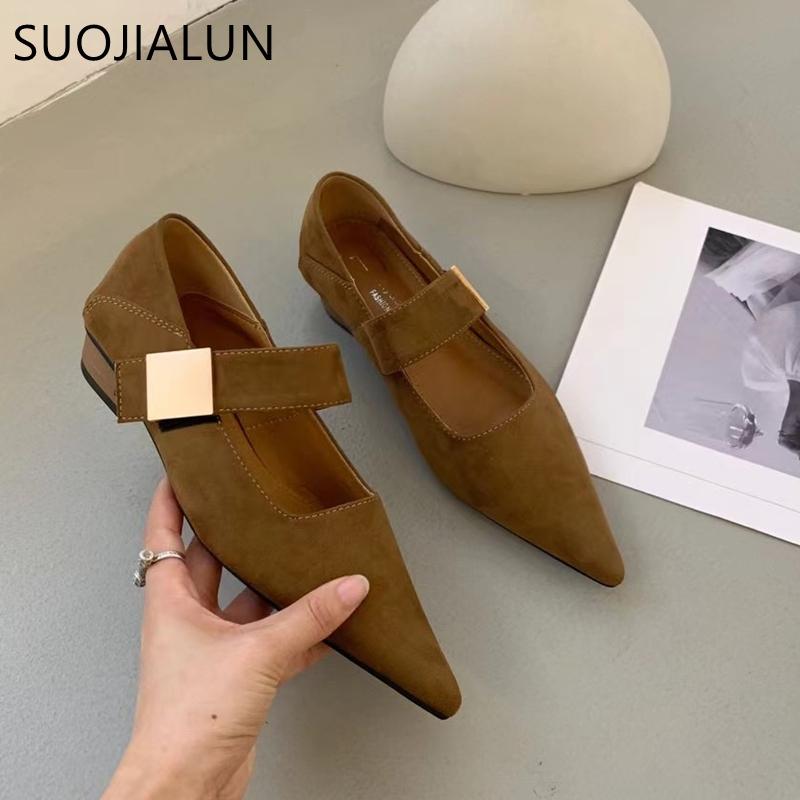 Fashion SUOJIALUN Autumn Women New Brand Flat Shoes Fashion Red Pointed Toe Mary Jane Shoes Buckle Flat Heel Outdoor Dress Ballerinas