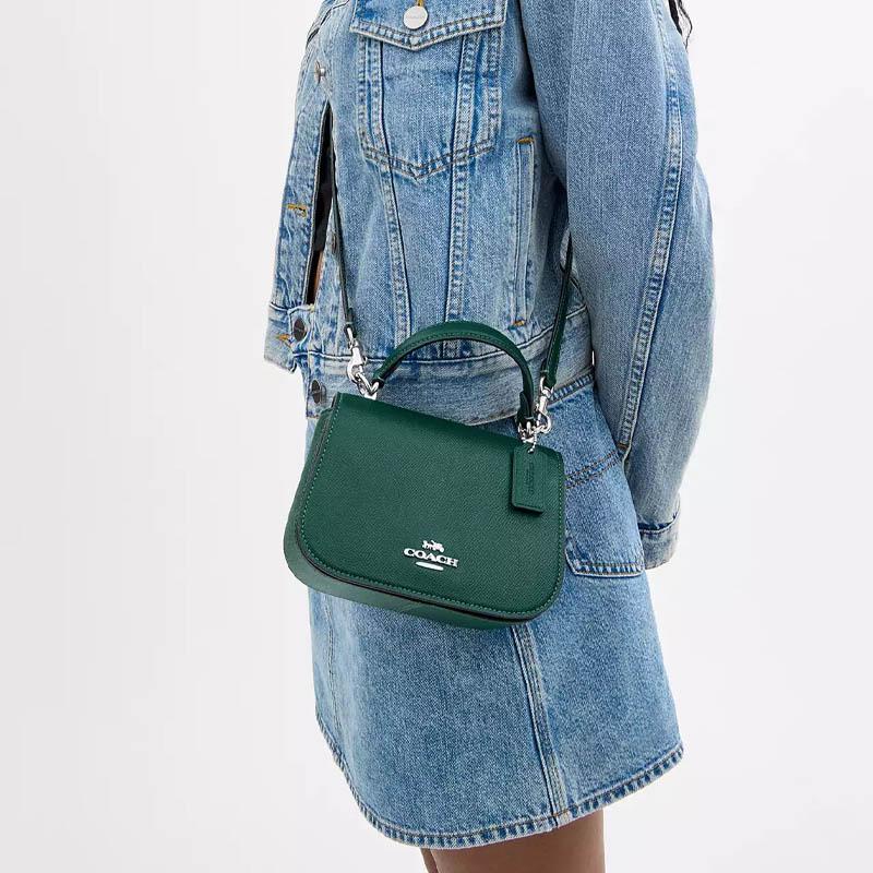 Coach Lysa 18 Metal Logo Detachable Shoulder Strap Crossgrain Leather Shoulder Tote Bag Small Women Handbags Emerald-Green CX575-SVDM9
