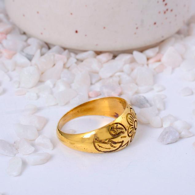 Engraved Gold Plated Dome Ring | Intricate Floral Band Ring | Vintage Style Brass Statement Jewelry for Women