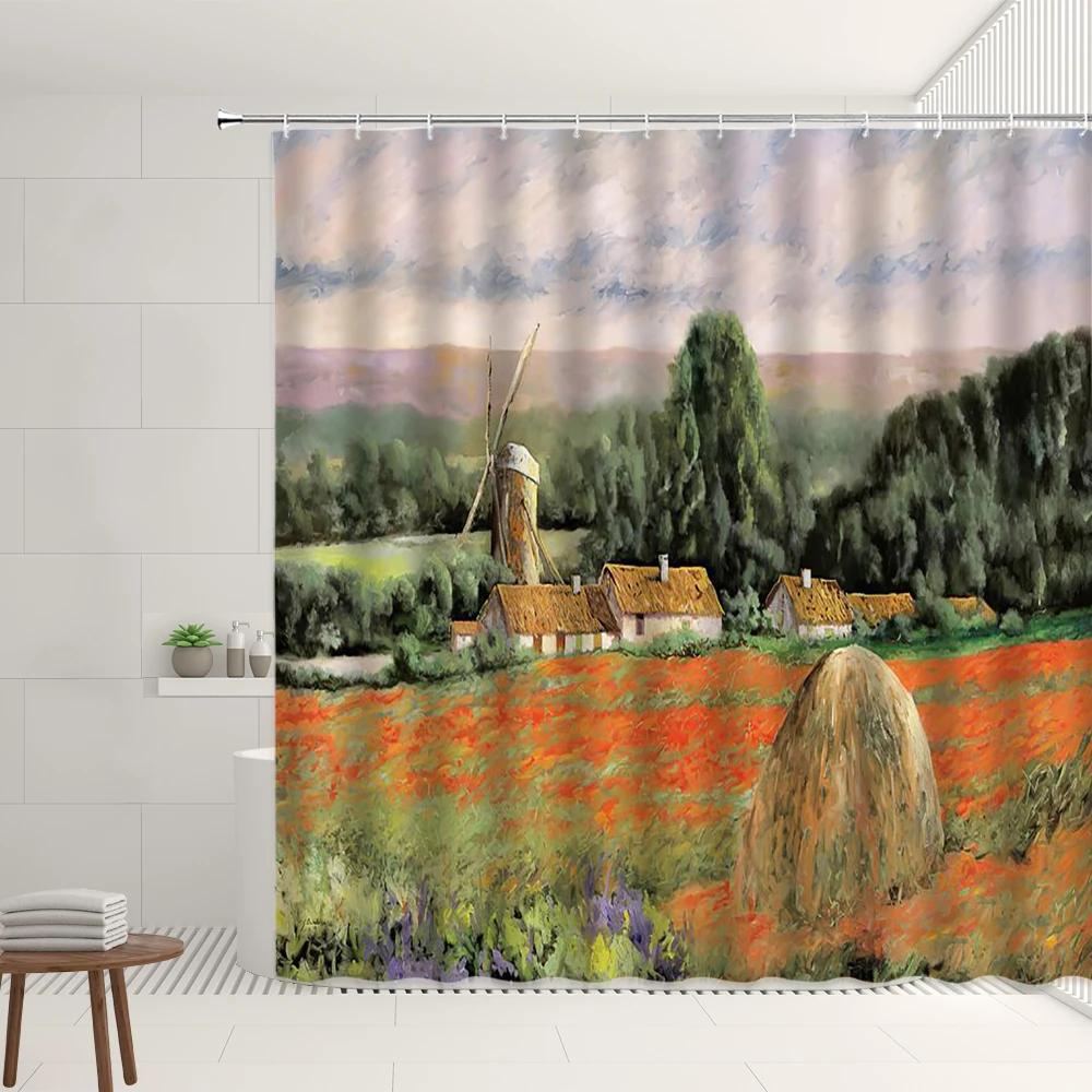 Farm Scenery Shower Curtain Old Retro Farmhouse Green Bamboo Forest Tree Autumn View Garden Decor Wall Covering Bathroom Screens