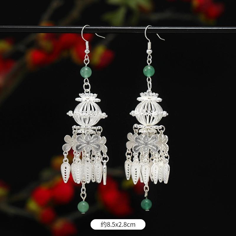 Miao Yin earrings original niche retro Dongling jade earrings long fringed earrings women