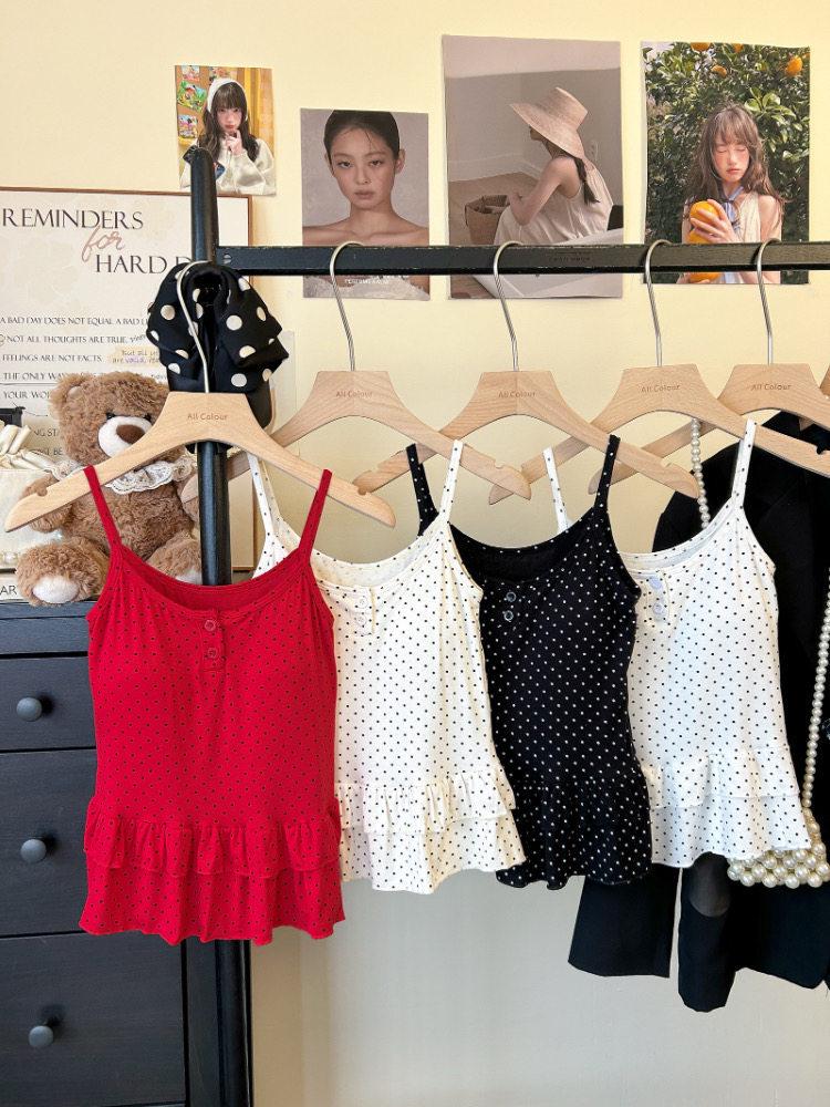 Women's Polka Dot U-Neck Button Strap Tank Top with Subtle Ruffles and Chest Pads - Slim Fit for Spring/Summer