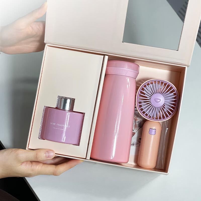 Pink Mother s Day Gift Set: Scented Soap Flowers, Insulated Mug & Fan