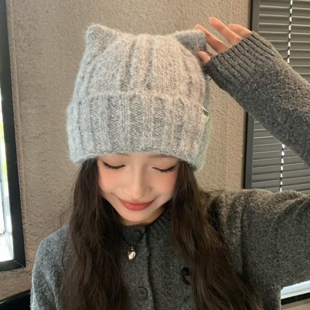 Thickened Beanie Hat Cat Ear Skullies Hat Cute Winter Hat  for Women