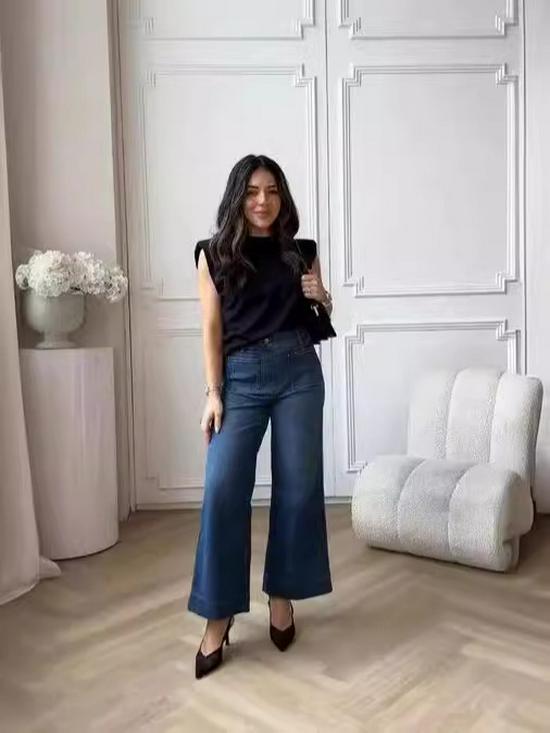 

Женские джинсы широкого кроя с эластичной талией и большими карманами 2024 года — европейский и американский стиль S