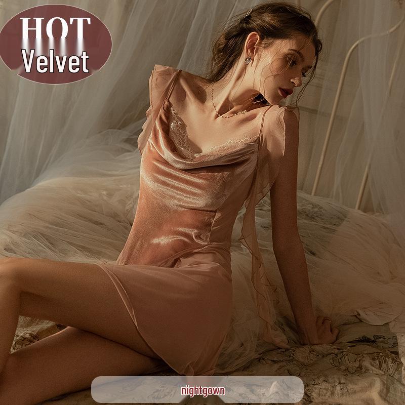 Women's Sexy Pajamas: Ice Silk Swaying Collar, Luxurious Mesh Suspender Nightgown with Outer Robe