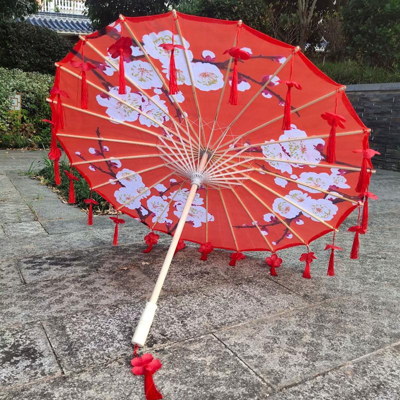 1PC Umbrella 70/82CM Oil Paper for Women Girl Performance Photo Props Antique Umbrella Parasol Satin Cloth Tassel