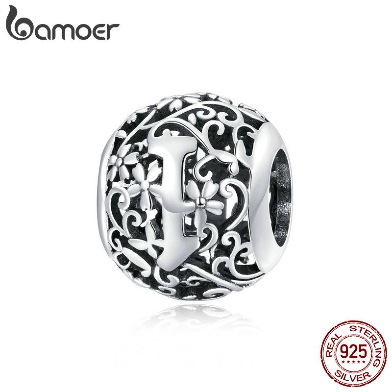 BAMOER 925 Silver Retro Letter Charms Hollowed Alphabet A-Z Round Beads for Women Bracelet DIY Jewelry Making