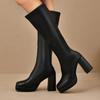 Fashion Platform Plus Size 42 Knee-High Boots Black Thick High Heels Square Toe Slip-On Black Sexy Thigh High Heels Womens Shoes