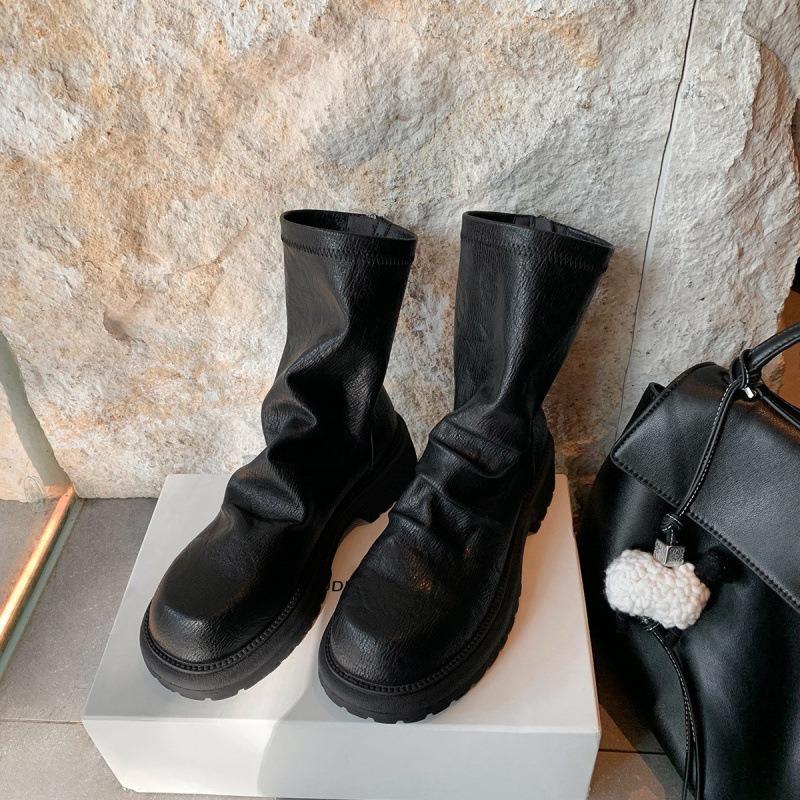 Sheepskin trendy thick heel thick sole thin boots round head pleated rear zipper stack short boots Martin boots women's autumn