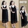 Summer Maternity Two-Piece Black Flocking Dress - Long, Loose & Slimming Style