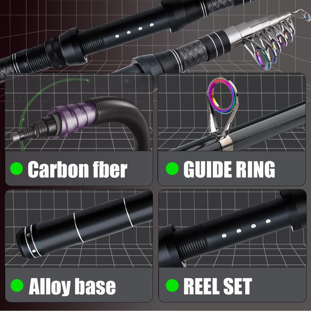 Portable Carbon Lure Rod Set with Fishing Gear Bag & Landing Net for Long Cast
