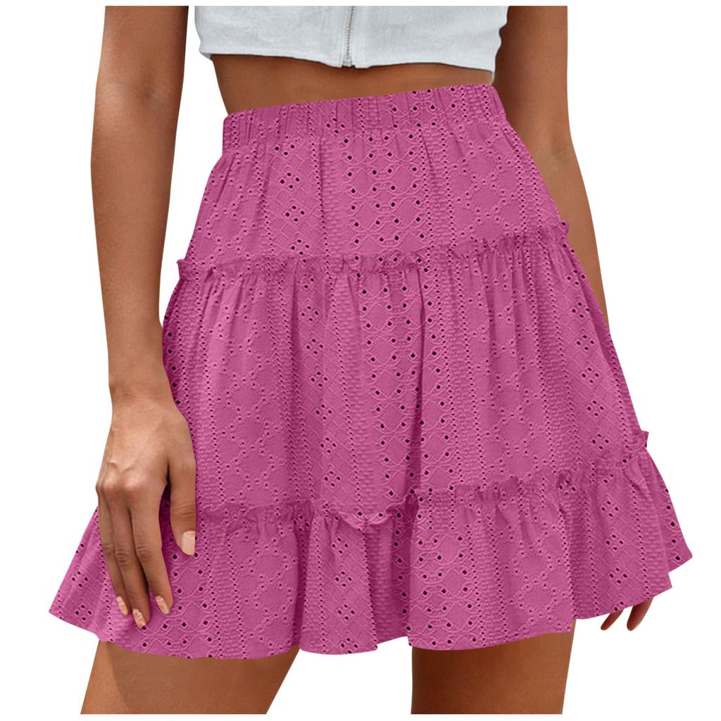 Women’s High Waist Tiered Mini Skirt with Elastic Waistband and Eyelet Embroidery Flared A-Line Design for Casual Wear