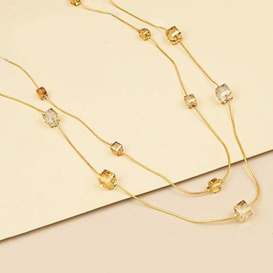 Kvinner Square Rhinestones perler 2 lag Golden Alloy Chain lang genser kjede