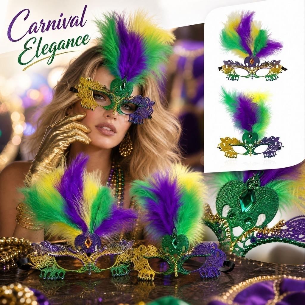 Half Face with Feathers Rhinestones Gold Purple Green Lace for Halloween Party