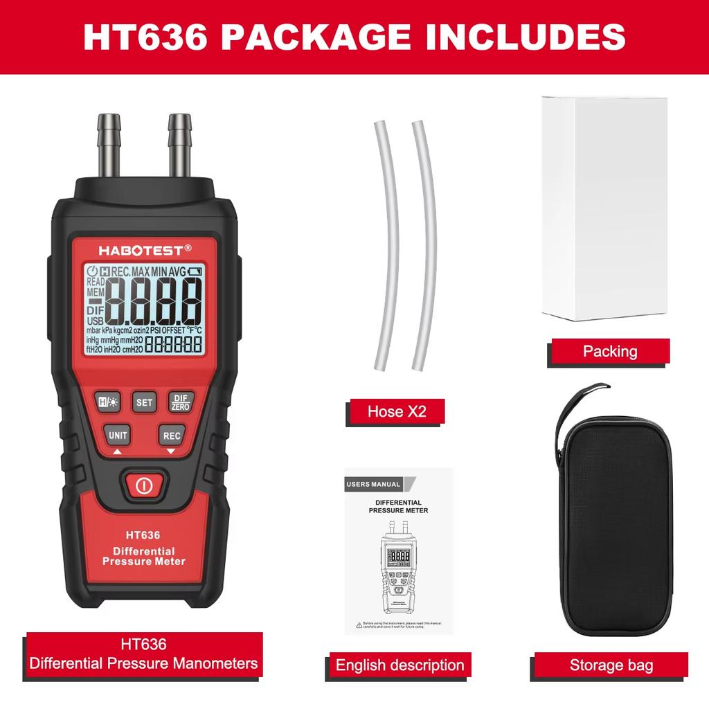 HABOTEST HT636 Digital Pressure Gauge Manometer Air Pressure Meter Differential Pressure Gauge Air Precision Kit Detector Meter