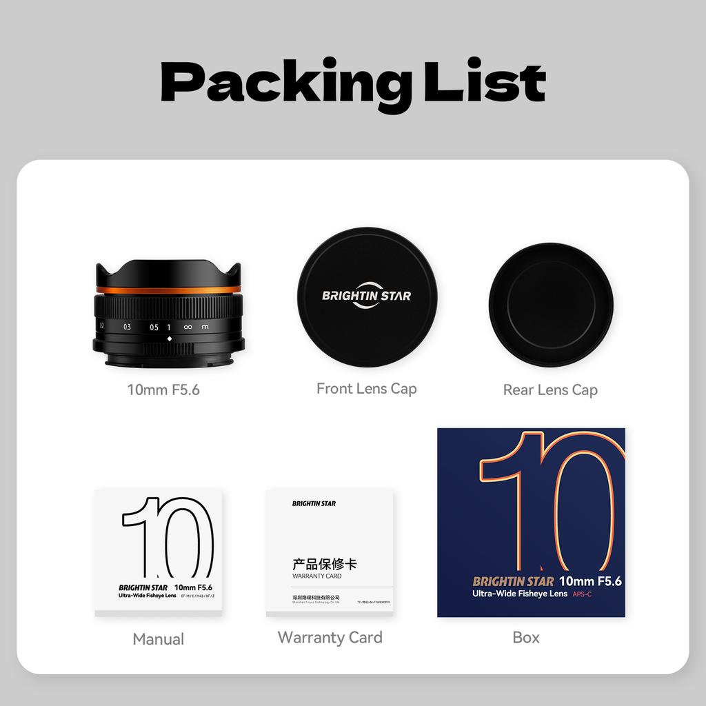 Brightin Star 10mm F5.6 Fisheye Wide Angle APS-C Mirrorless Camera Lens Fit For M4/3, Canon EF-M, Sony E, Nikon Z, Fuji X