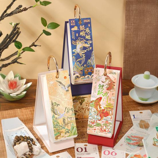 2026 Desk Flip Calendar Vintage Gold Stamping Painting Desktop Organizer Aesthetic Standing Calendar for Home Office
