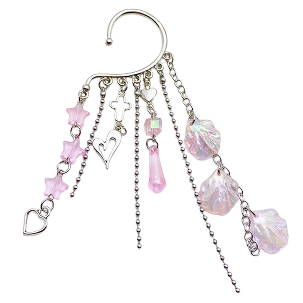 Fashionable Metal Ear Cuff with Chain Unique Ocean Shell Pendant Ear Dangle Stylish Beaded Fringes Ear Cuff Accessory