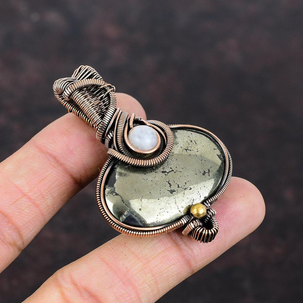 Pyrite Pendant Copper Wire Wrapped Pendant Handmade Rainbow Moonstone Jewelry Original Gemstone Pendant Gift For Mom Copper Designer Jewelry