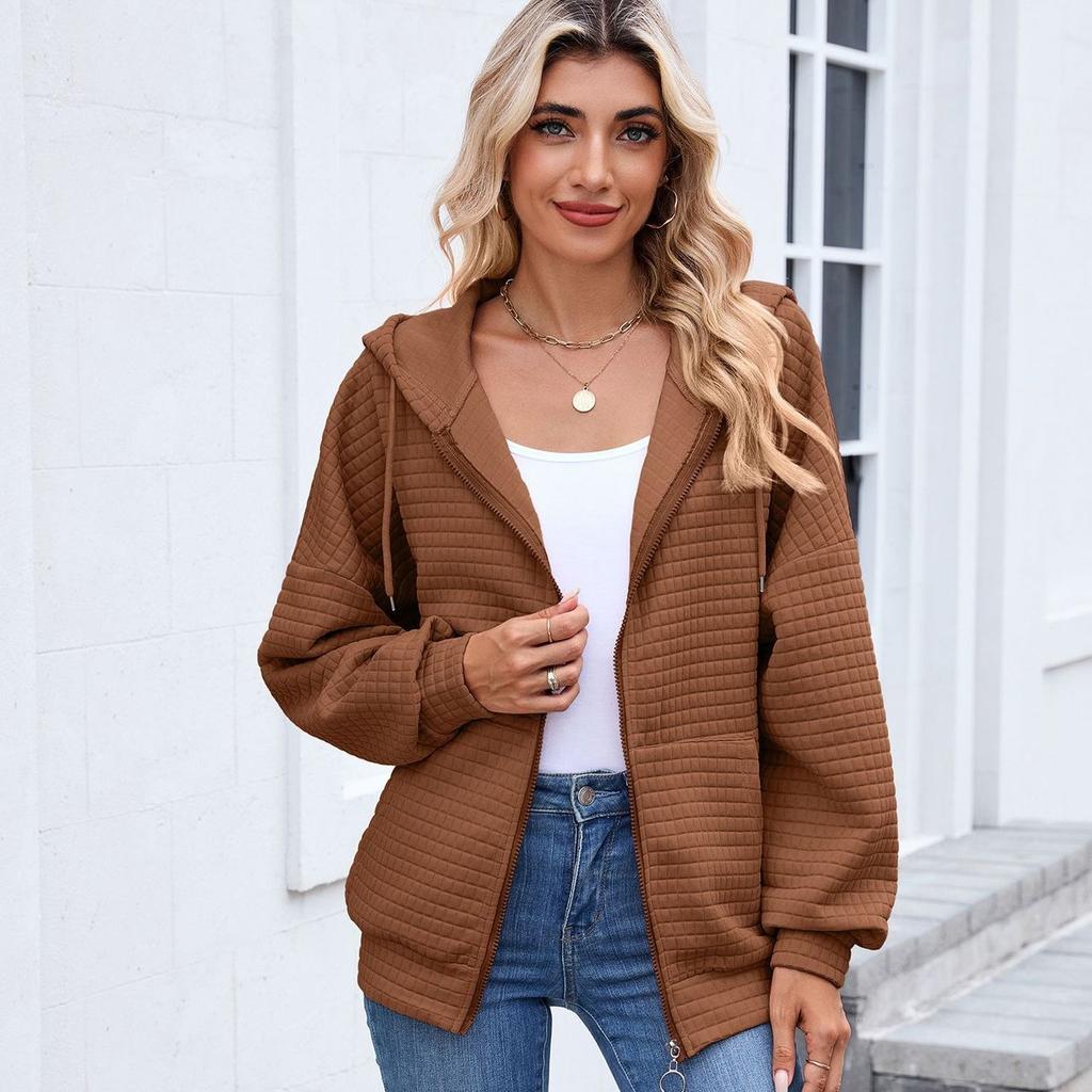 European and American-style Women's Solid Color Zip-up Long-sleeve Hooded Sweatshirt/jacket for Fall and Winter
