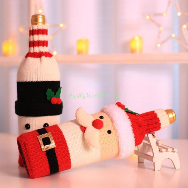 24TE Couvre-bouteille de vin de Noël Décorations de Joyeux Noël Tricot Père Noël Bonhomme de neige Sac Cadeau Bonbon pour la Maison Nouvel An