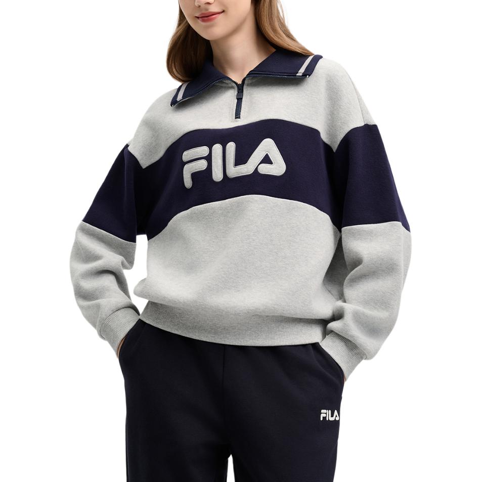 FILA Original Logo Embroidered Color Block Loose Casual Pullover American Style Half Zip Sweatshirt Women sweatshirt F11W519204F-MG