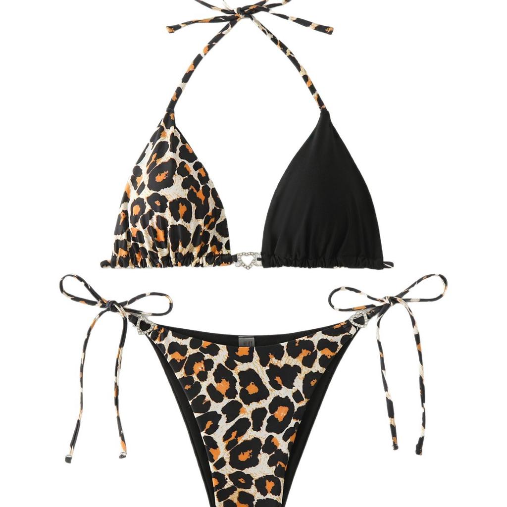 New European and American Bikini Triangle Soft Bag Sexy Leopard Print Swimsuit Neck Halter