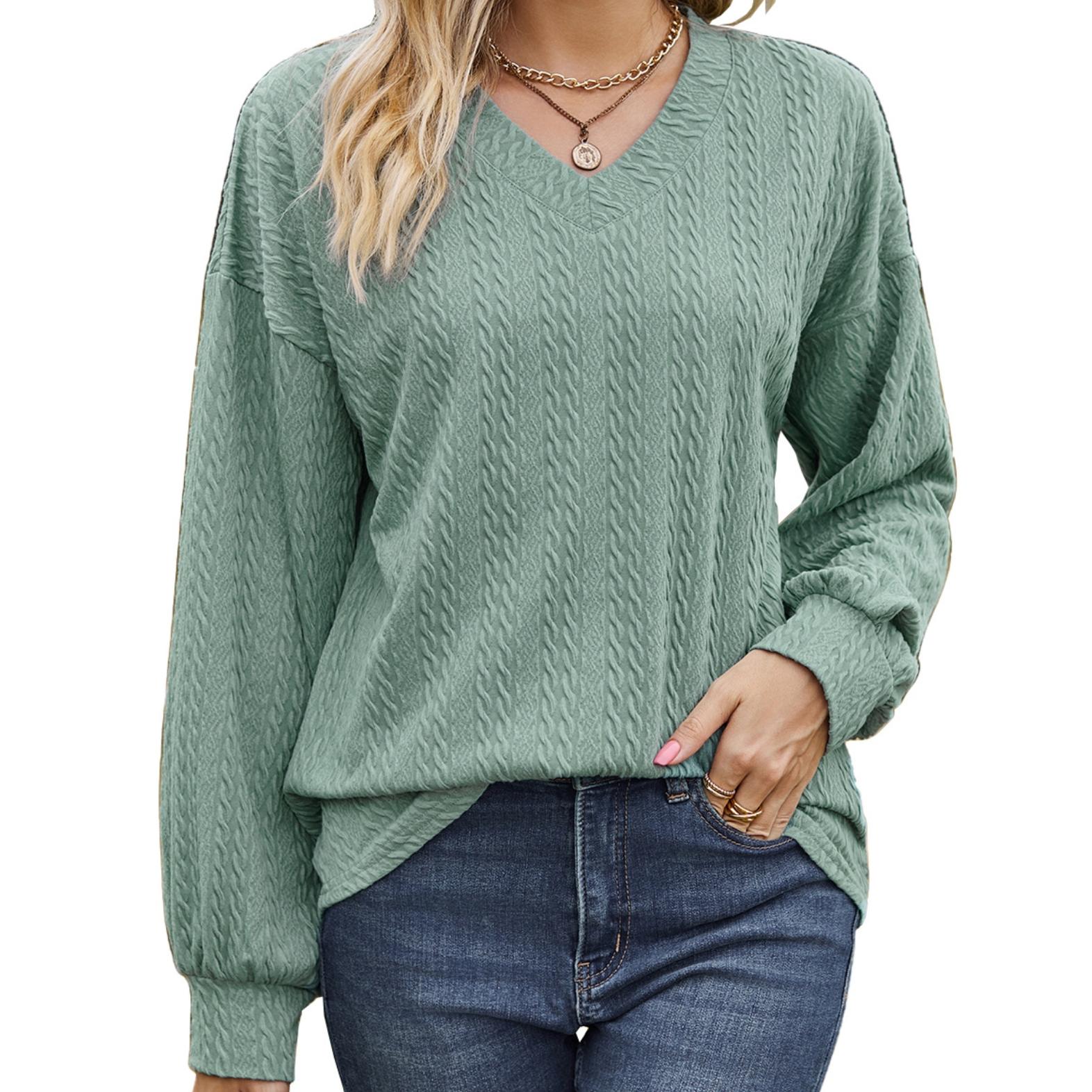 

BITCED Осень/Зима Однотонная Свободная Повседневная Футболка с Длинным Рукавом и V-образным Вырезом для Женщин XXL темно-зеленого