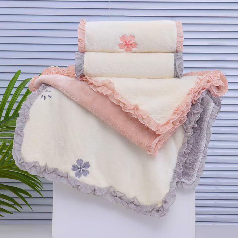 Embroidered Lace Towel Coral Fleece Is More Absorbent and Soft Than Pure Cotton Suitable for Household and Student Face Towels