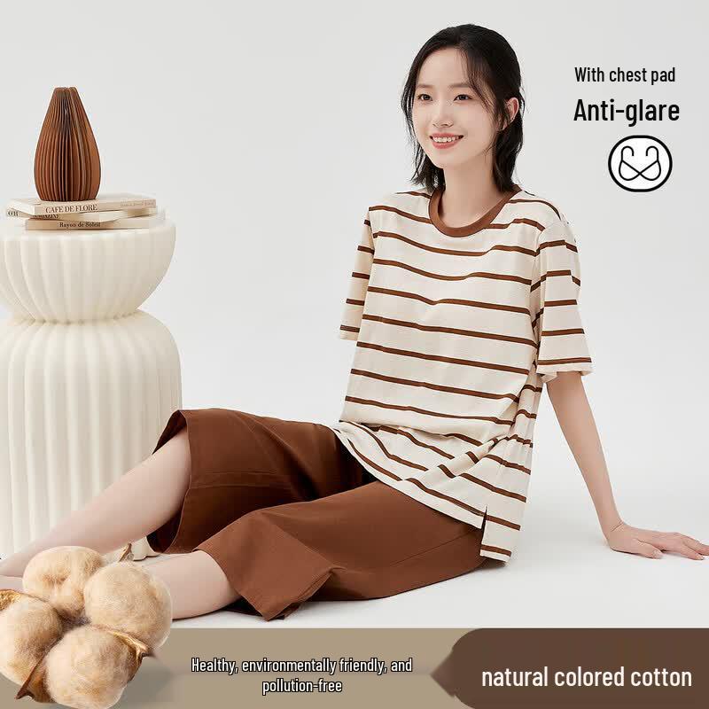 Dingguagua Women s Striped Colored Cotton Short Sleeve Pajama  Loungewear Set 160