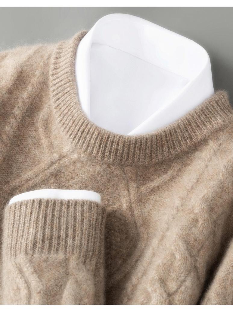 Three-Strand Thick Men's Wool Cable Knit Pullover – Round Neck, Loose, Plus Size for Autumn/Winter