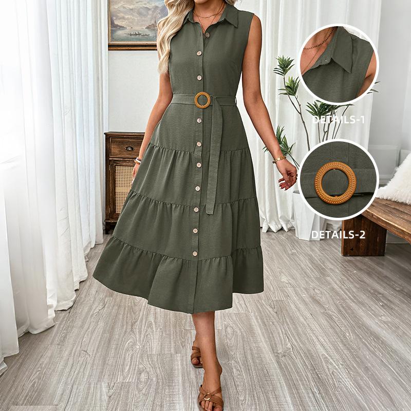 

Womens Casual Long Dress Solid Color Ruffle Hem Sleeveless Dress S