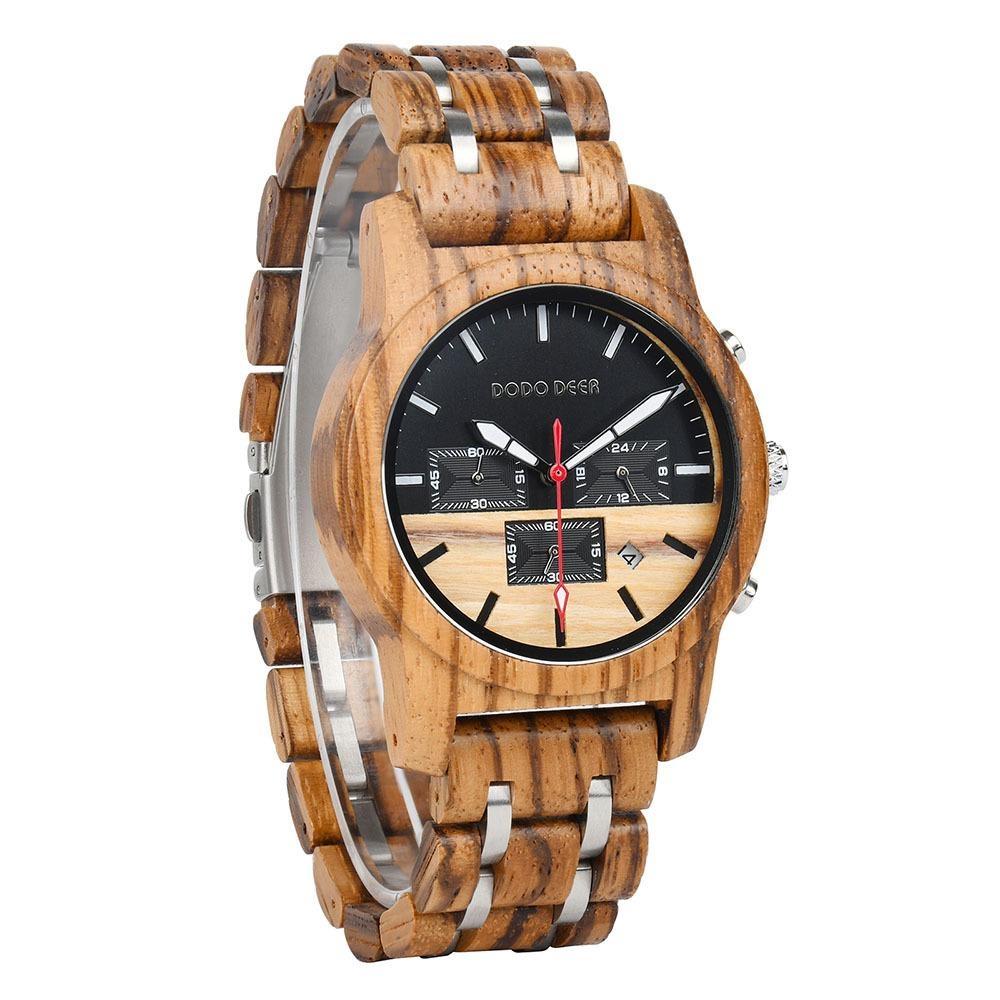 Wood Watch Multifunctional Luminous Calendar Chronograph 3-sub Dials Wooden Quartz Wristwatch Gift