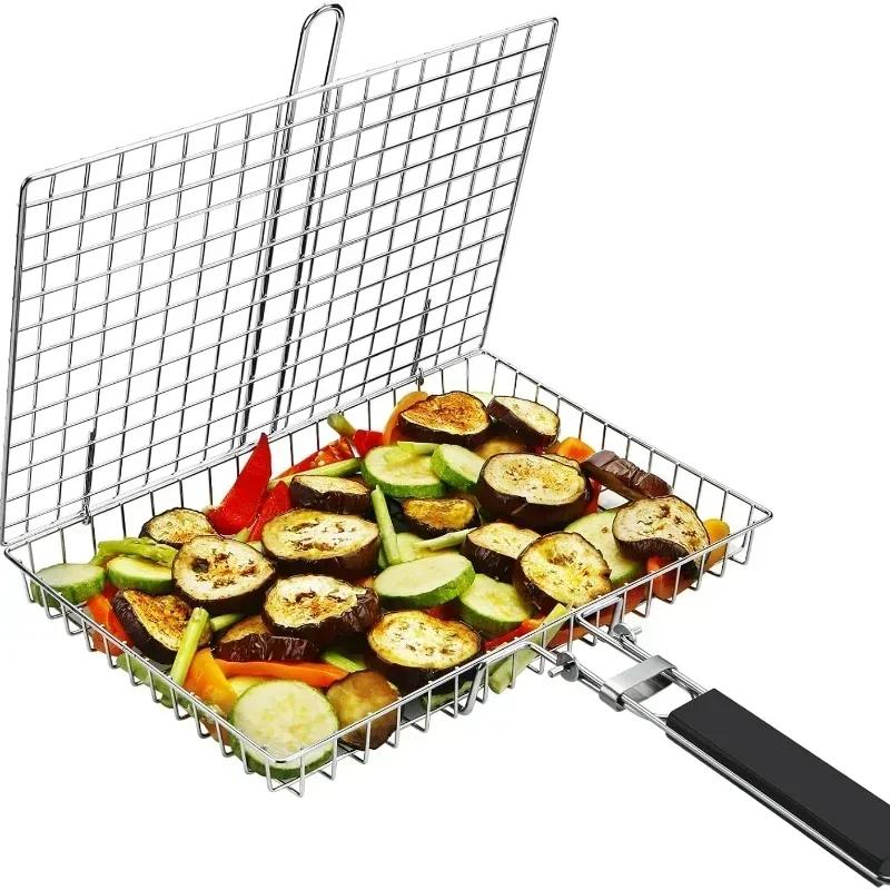 Bærbar grillkurv Sammenleggbar BBQ-grillkurv i rustfritt stål med håndtak for fisk Grønnsaker Reker Matlaging Kokekar Verktøy Nytt