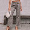 Jeans Rectos de Cintura Alta para Mujer Estampado de Leopardo Dobladillo Deshilachado Pantalones de Pana Elástica Streetwear Pantalones Largos para el Verano Atuendo Diario