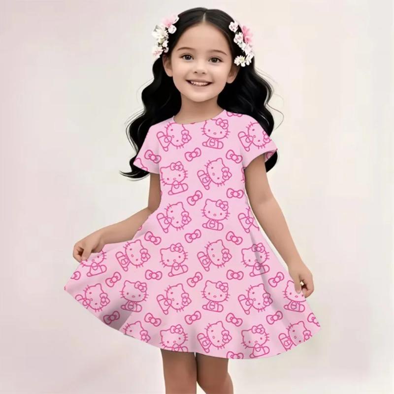2026 Girl Short-Sleeved Dress Cute Kuromi Hello Kitty print Skirt Summer New Clothes Original Brand Clothing Children's sleep