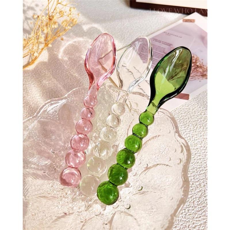 Glass Beads Pastry Glass Tableware Spoon Fork Creative Primary Color Pink Green Glass Spoon Spoon Household
