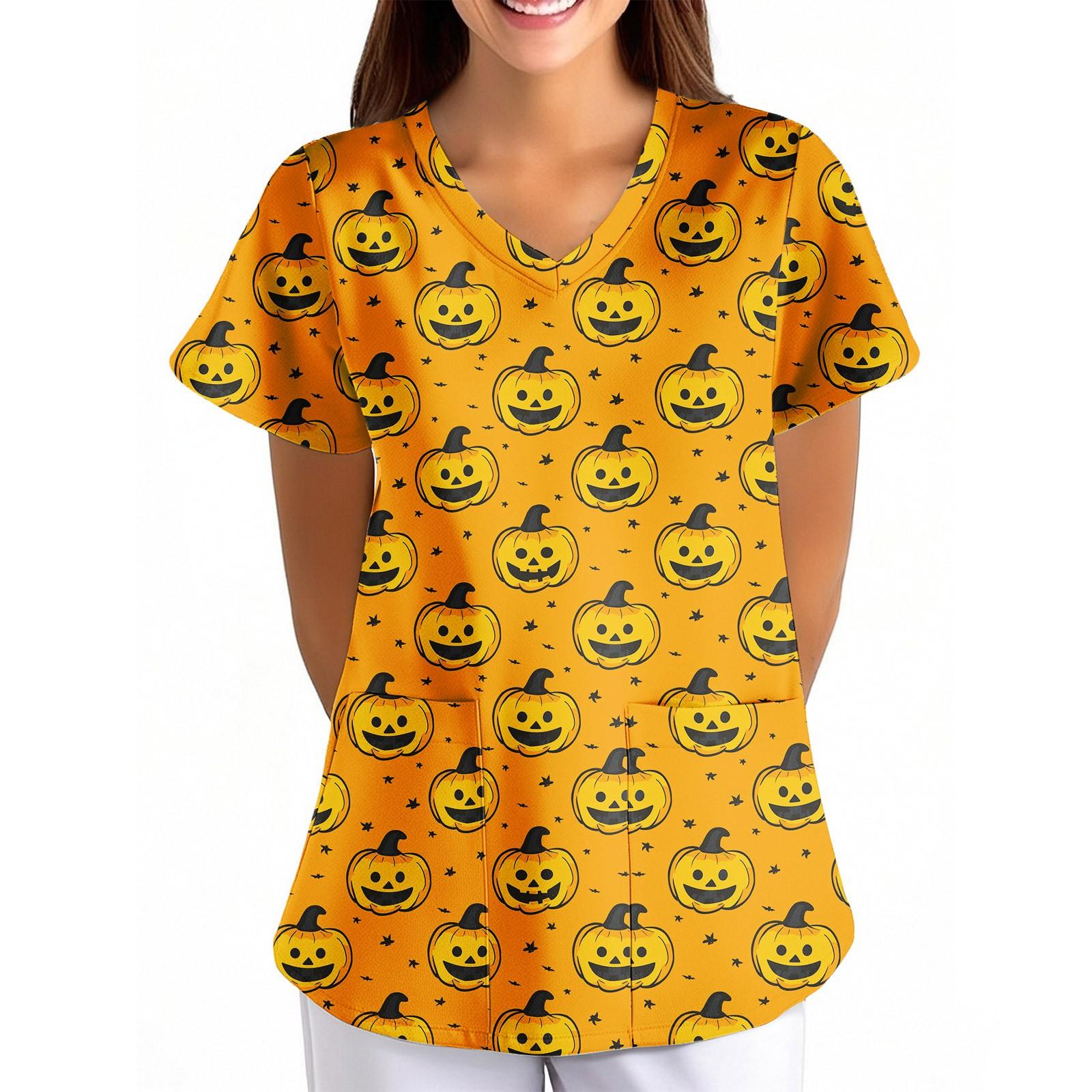 

Женская Хэллоуинская Принтованная Свободная V-образная Горловина Карман Короткий Рукав Форма Форма XL жёлтый